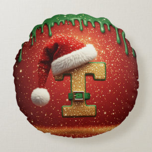 Personalised Christmas Monogram T with Santa Hat Round Cushion