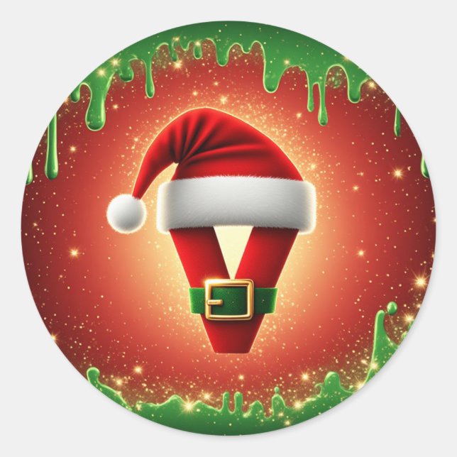 Personalised Christmas Monogram V with Santa Hat Classic Round Sticker (Front)