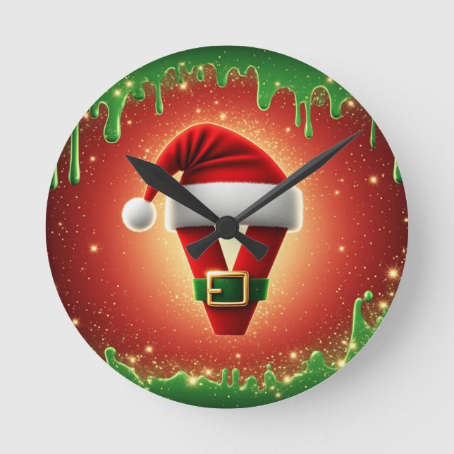 Personalised Christmas Monogram V with Santa Hat Round Clock (Front)