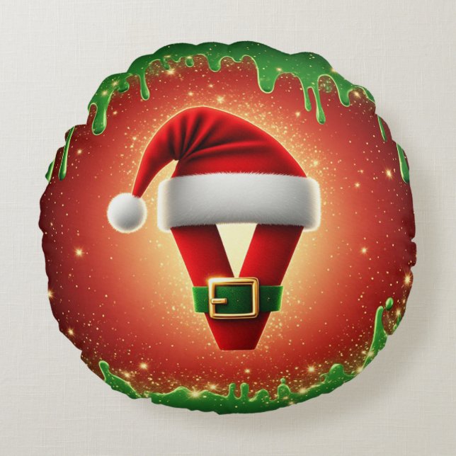 Personalised Christmas Monogram V with Santa Hat Round Cushion (Front)