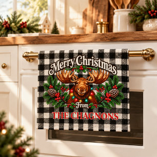 Personalised Christmas Moose Black Plaid Dish Towe Tea Towel