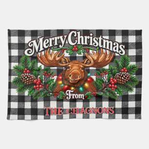 Personalised Christmas Moose Black Plaid Dish Towe Tea Towel