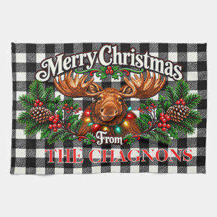 Personalised Christmas Moose Black Plaid Dish Towe Tea Towel