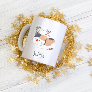 Personalised Christmas Mug, Cat Lover Reindeer Two-Tone Coffee Mug