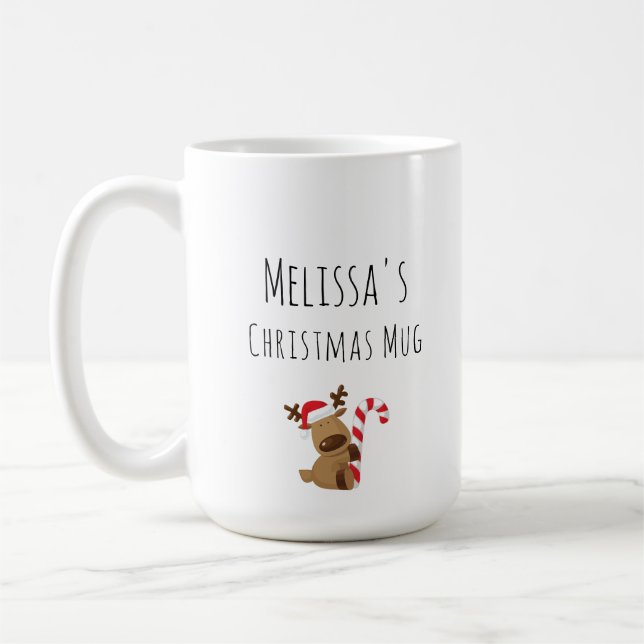 Personalised Christmas Mug, Cute Reindeer cartoon Coffee Mug (Left)