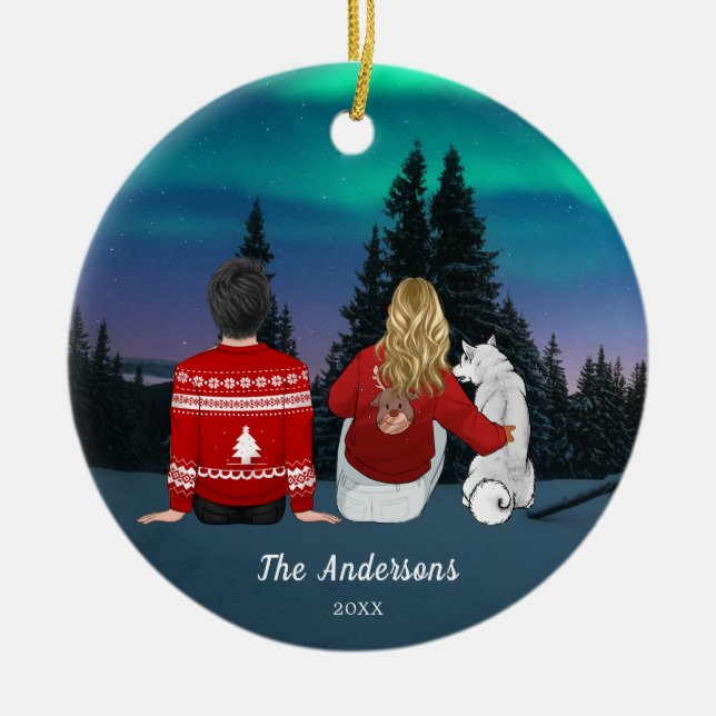 Personalised Christmas Mum Dad Dog Family  Ceramic Tree Decoration (Front)