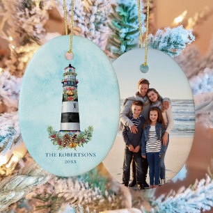 Personalised Christmas Nautical Lighthouse Photo Ceramic Tree Decoration