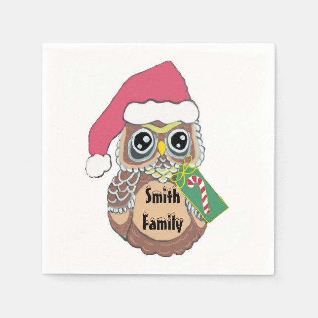 Personalised Christmas Owl Napkin (Front)