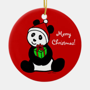 Personalised Christmas Panda Santa Hat Ceramic Tree Decoration