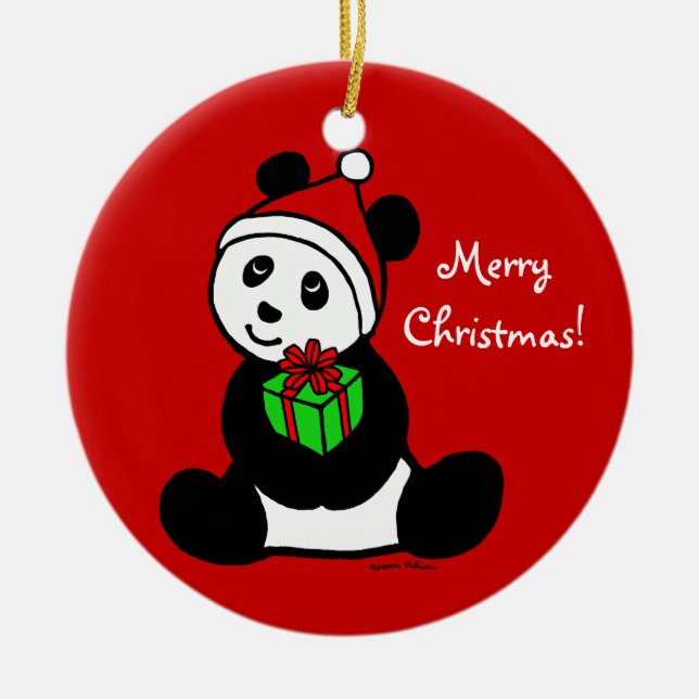 Personalised Christmas Panda Santa Hat Ceramic Tree Decoration (Front)