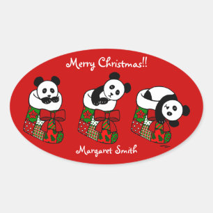 Personalised Christmas Panda Stocking Oval Sticker