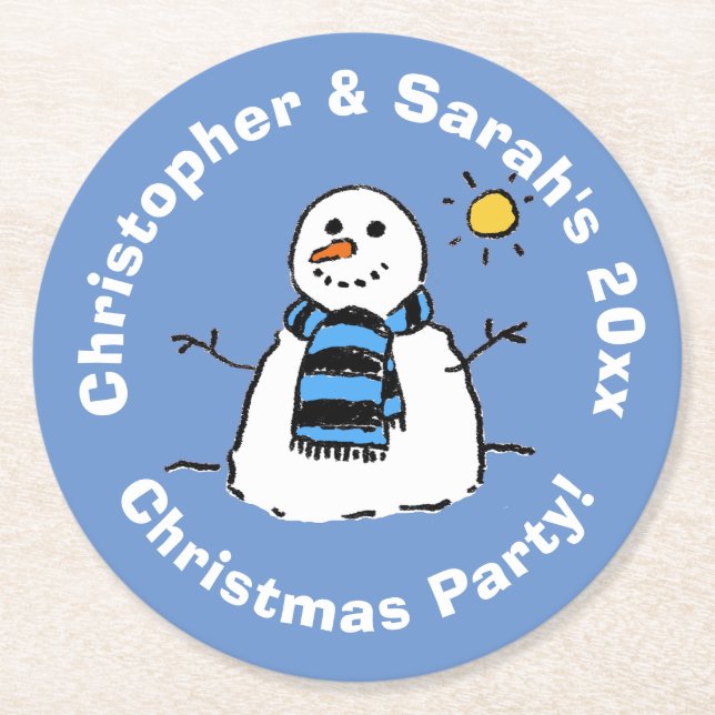 Personalised Christmas Party Snowman Round Paper Coaster (Front)