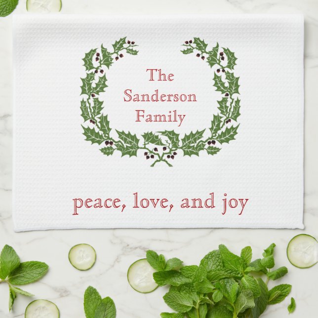 Personalised Christmas Peace Love Joy Wreath Tea Towel (Folded)