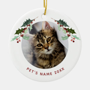 Personalised Christmas Pet Photo Holly on White Ceramic Tree Decoration