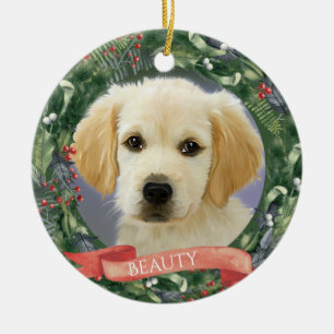 Personalised Christmas Pet Photo Wreath Ceramic Tree Decoration