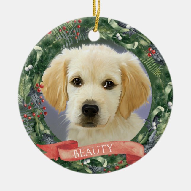 Personalised Christmas Pet Photo Wreath Ceramic Tree Decoration (Front)