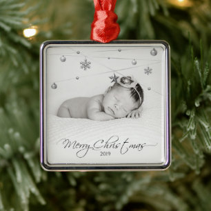 Personalised Christmas Photo and Calligraphy Metal Tree Decoration