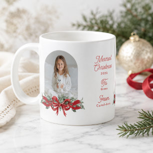 Personalised Christmas Photo Red Bow Family Coffee Mug