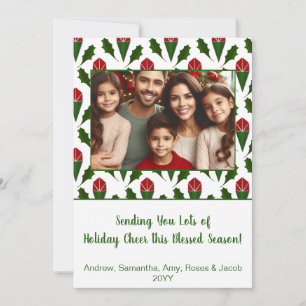 Personalised Christmas Photo Red Roses, Holly Art Holiday Card