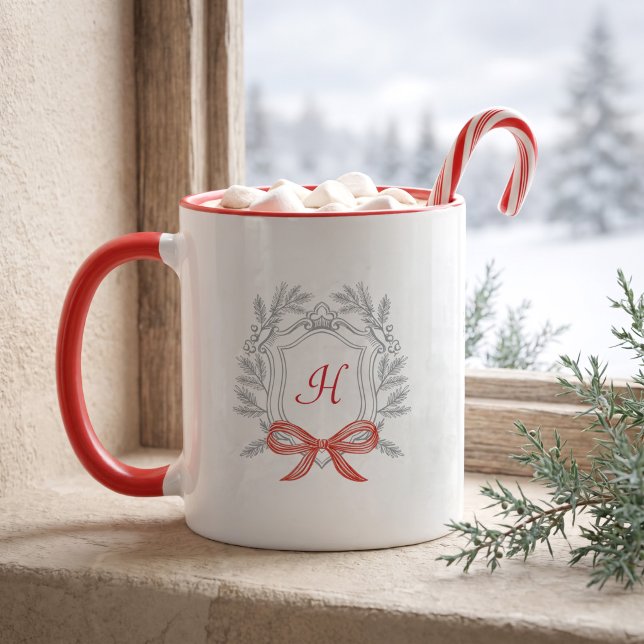 Personalised Christmas Pine Crest Monogram Red Bow Mug (Personalized Christmas Pine Crest Monogram Red Bow Mug)