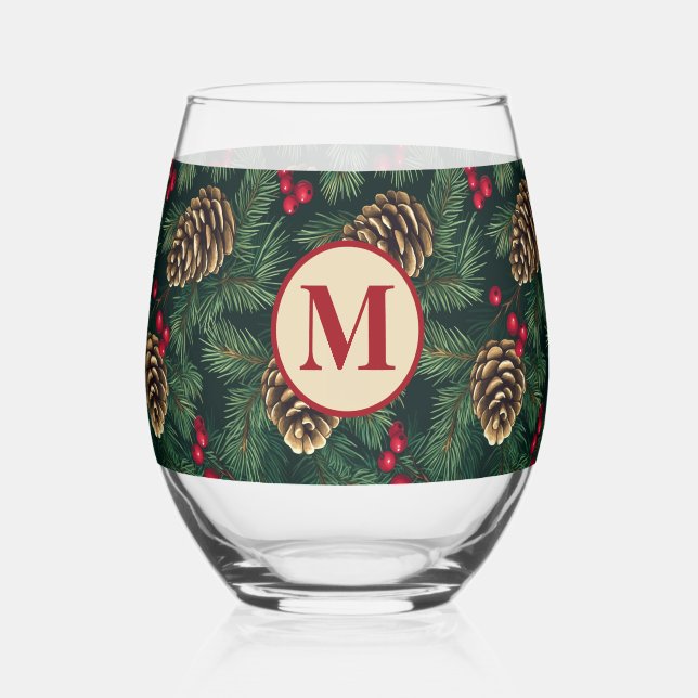 Personalised Christmas Pine Monogram Stemless Wine Glass (Front)