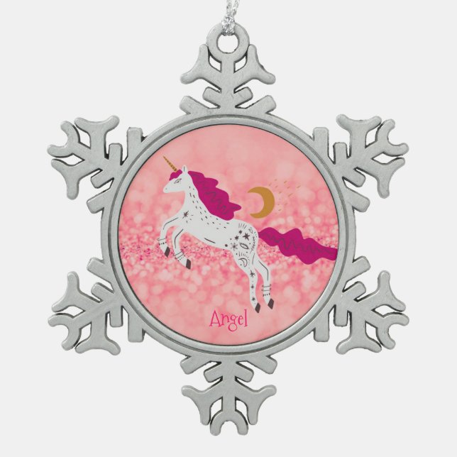 Personalised Christmas Pink Glitter Unicorn Snowflake Pewter Christmas Ornament (Front)