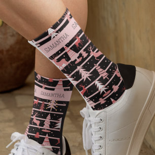 Personalised Christmas Pink Holiday Tree Reindeer  Socks