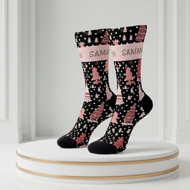 Personalised Christmas Pink Holiday Tree  Socks (Creator Uploaded)