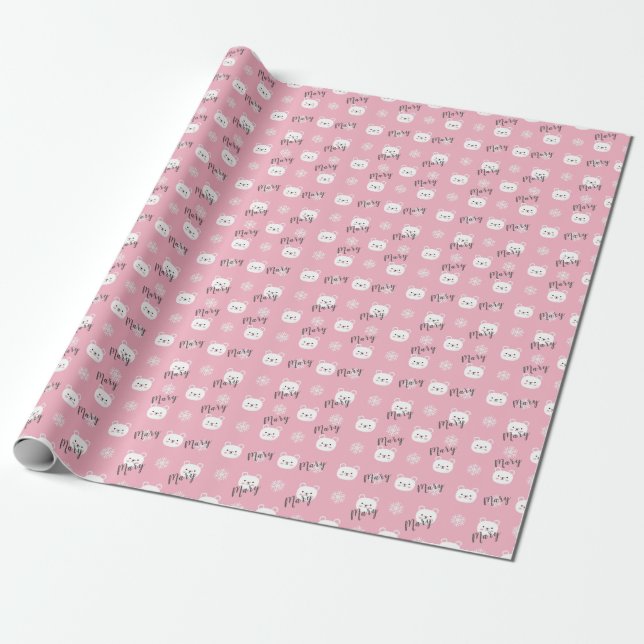 Personalised Christmas Pink Polar Bear Girl Wrapping Paper (Unrolled)