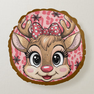 Personalised Christmas pink reindeer Round Cushion