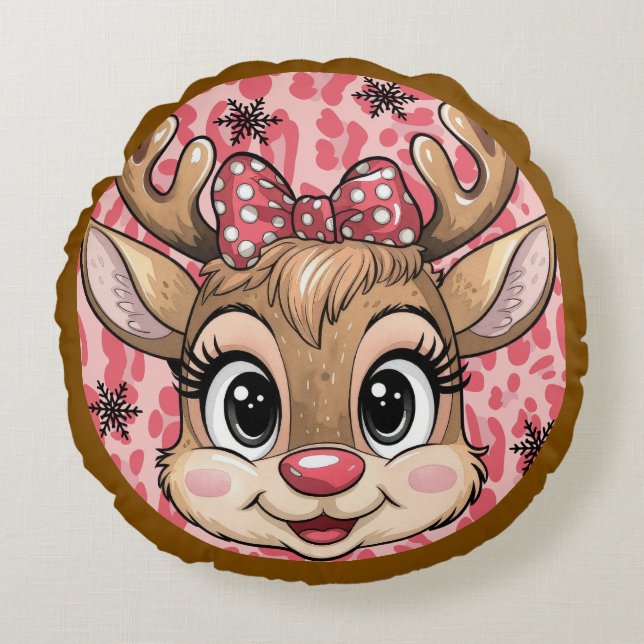 Personalised Christmas pink reindeer Round Cushion (Front)