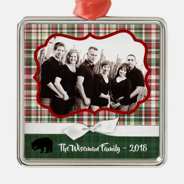 Personalised Christmas Plaid Bear PHOTO Ornament (Front)