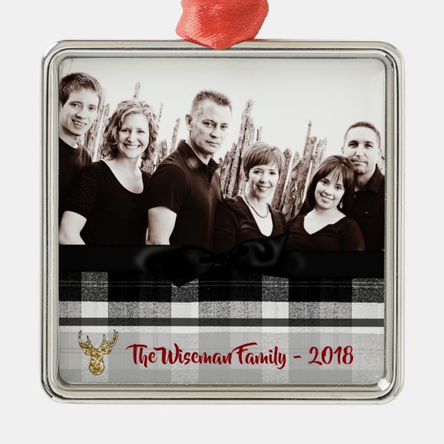 Personalised Christmas Plaid Deer PHOTO Ornament (Front)