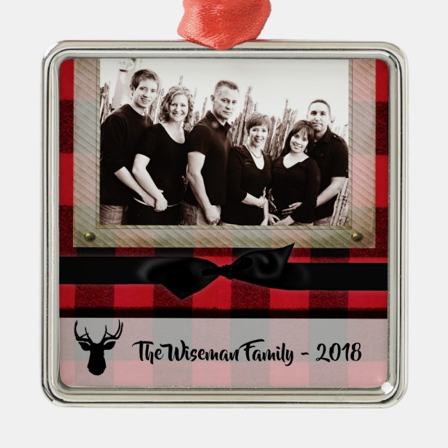 Personalised Christmas Plaid Deer PHOTO Ornament (Front)