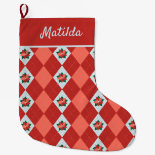 Personalised Christmas Poinsettia Argyle Large Christmas Stocking