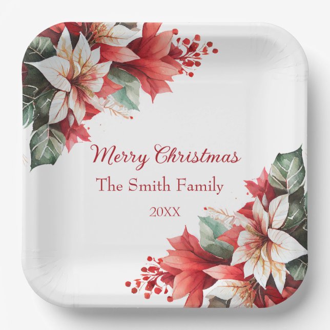 Personalised Christmas Poinsettia Flowers  Paper Plate (Front)