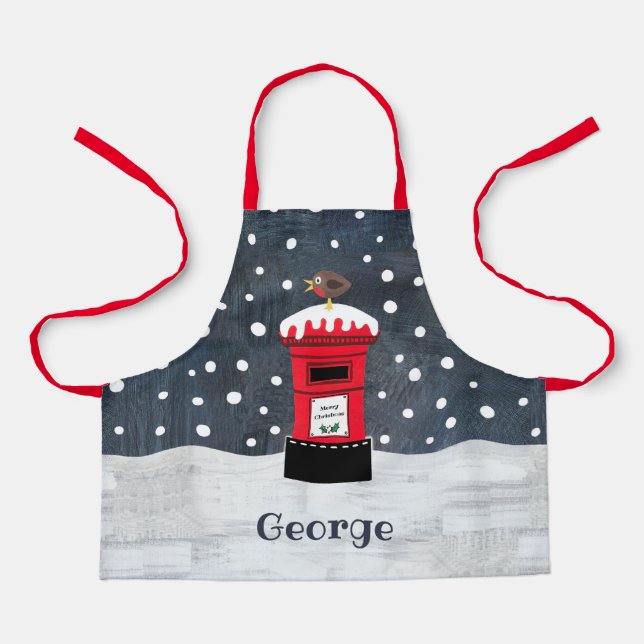 Personalised Christmas Post Box & Robin Apron (Front)