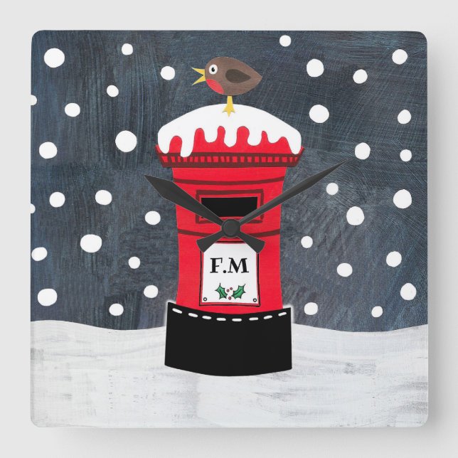 Personalised Christmas Post Box & Robin Square Wall Clock (Front)