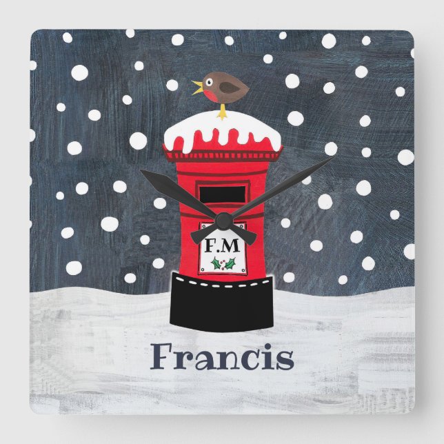 Personalised Christmas Post Box & Robin Square Wall Clock (Front)