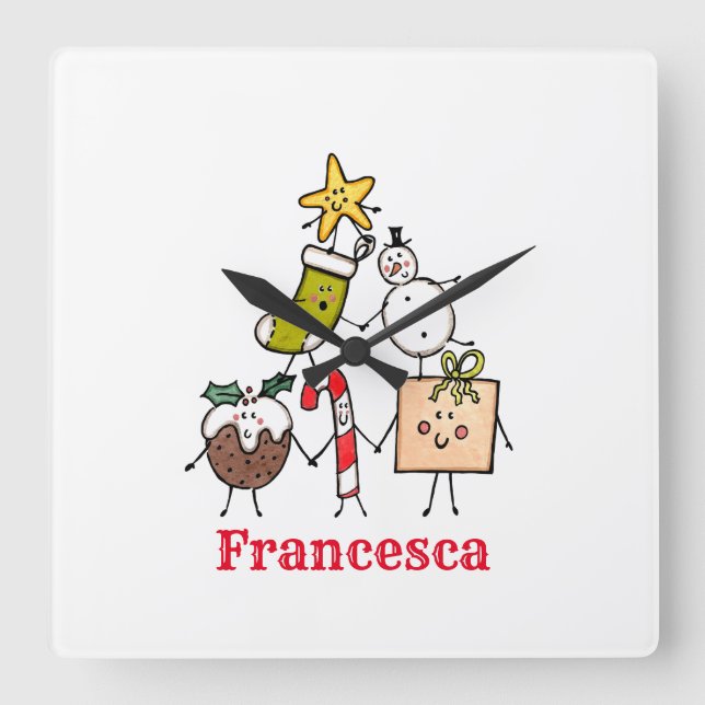 Personalised Christmas Pudding Candy Cane Snowman Square Wall Clock (Front)