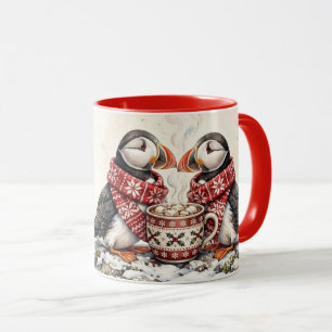 Personalised Christmas Puffins Watercolor Two-Tone Mug