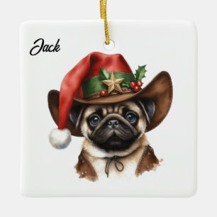 Personalised Christmas Pug with Cowboy Santa Hat Ceramic Ornament