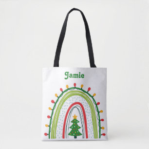 Personalised Christmas Rainbow Red and Green Tote Bag