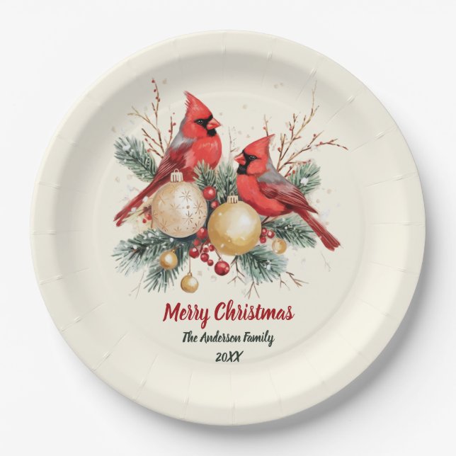 Personalised Christmas Red Cardinal & Berries      Paper Plate (Front)