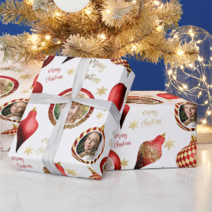 Personalised Christmas Red Gold Photo Ornament Wrapping Paper