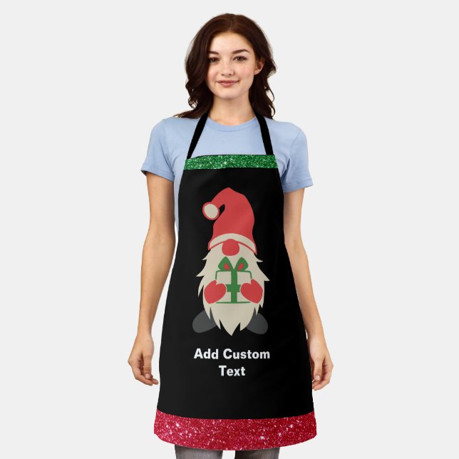 Personalised Christmas Red Green Gnome Black Chef Apron (Worn)