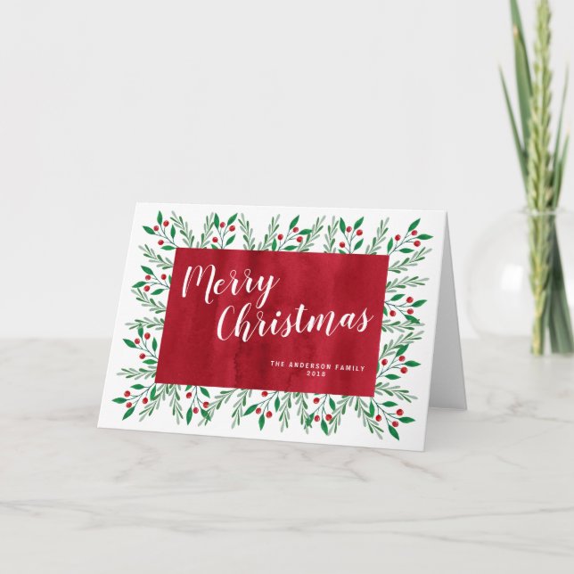 Personalised Christmas Red Watercolor Floral Holiday Card (Front)