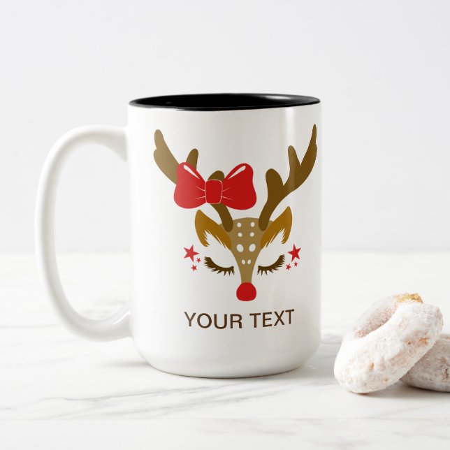 Personalised Christmas Reindeer Face Two-Tone Coffee Mug (With Donut)