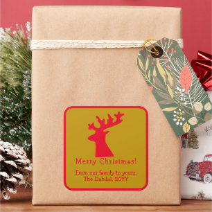 Personalised Christmas Reindeer Head Red and Gold  Square Sticker