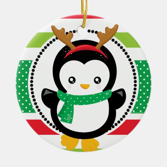 Personalised Christmas Reindeer Penguin Holiday Ceramic Tree Decoration (Front)